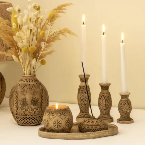 toranj-7-piece-decorative-set ست هفت پارچه دکوری مدل ترنج شامل سینی، شمعدان و گلدان با نقوش اصیل ایرانی و رنگ پتینه آنتیک